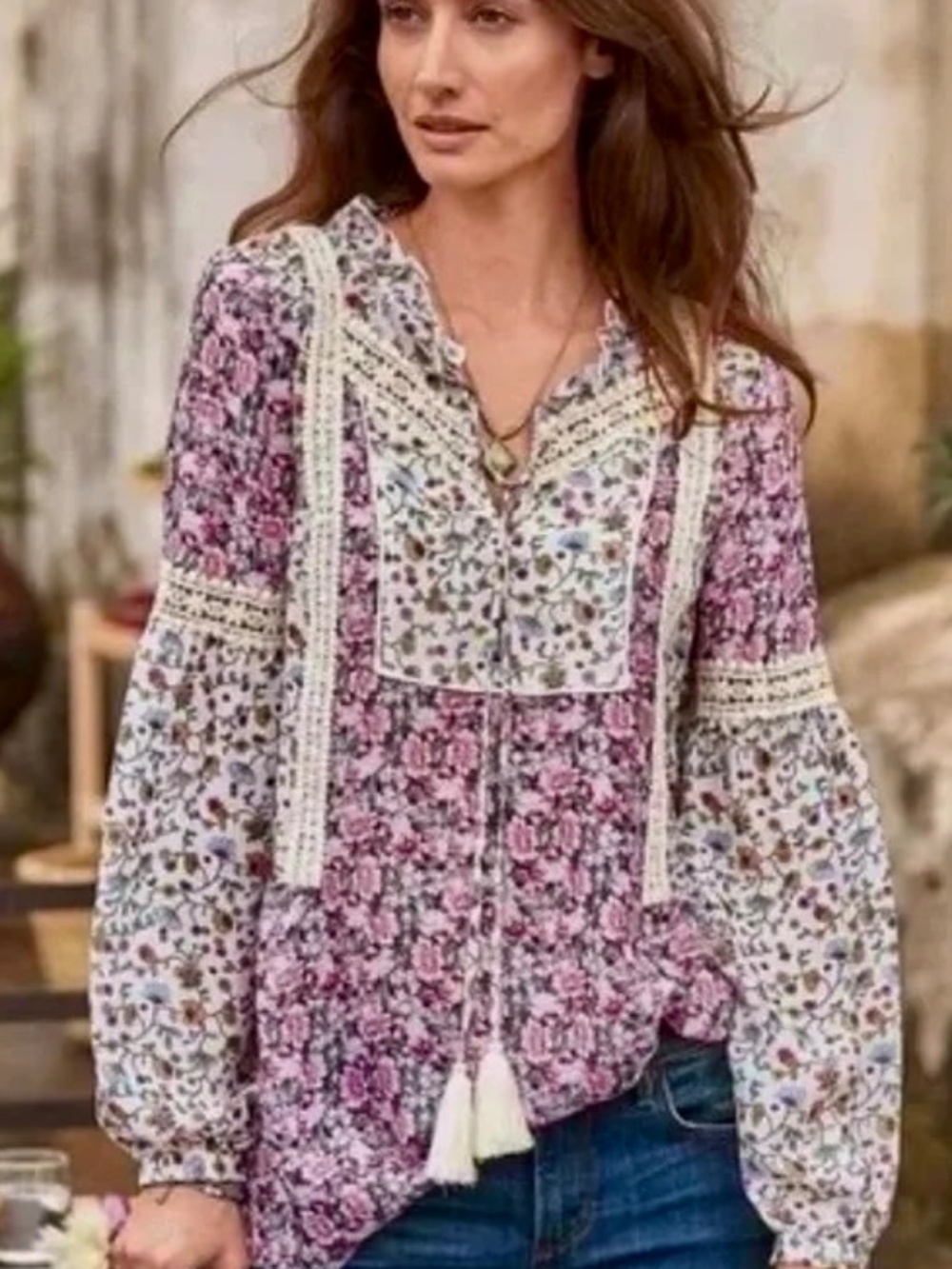 Sundance Florie Silk Bohemian Lace Floral Peasant Top Sz Small